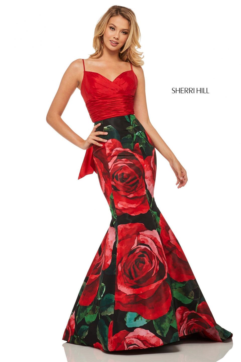 Sherri Hill Taffeta Mermaid Dress With Rose Print Skirt Ruched Bodice With Back Cut Out And Bow In The Back
