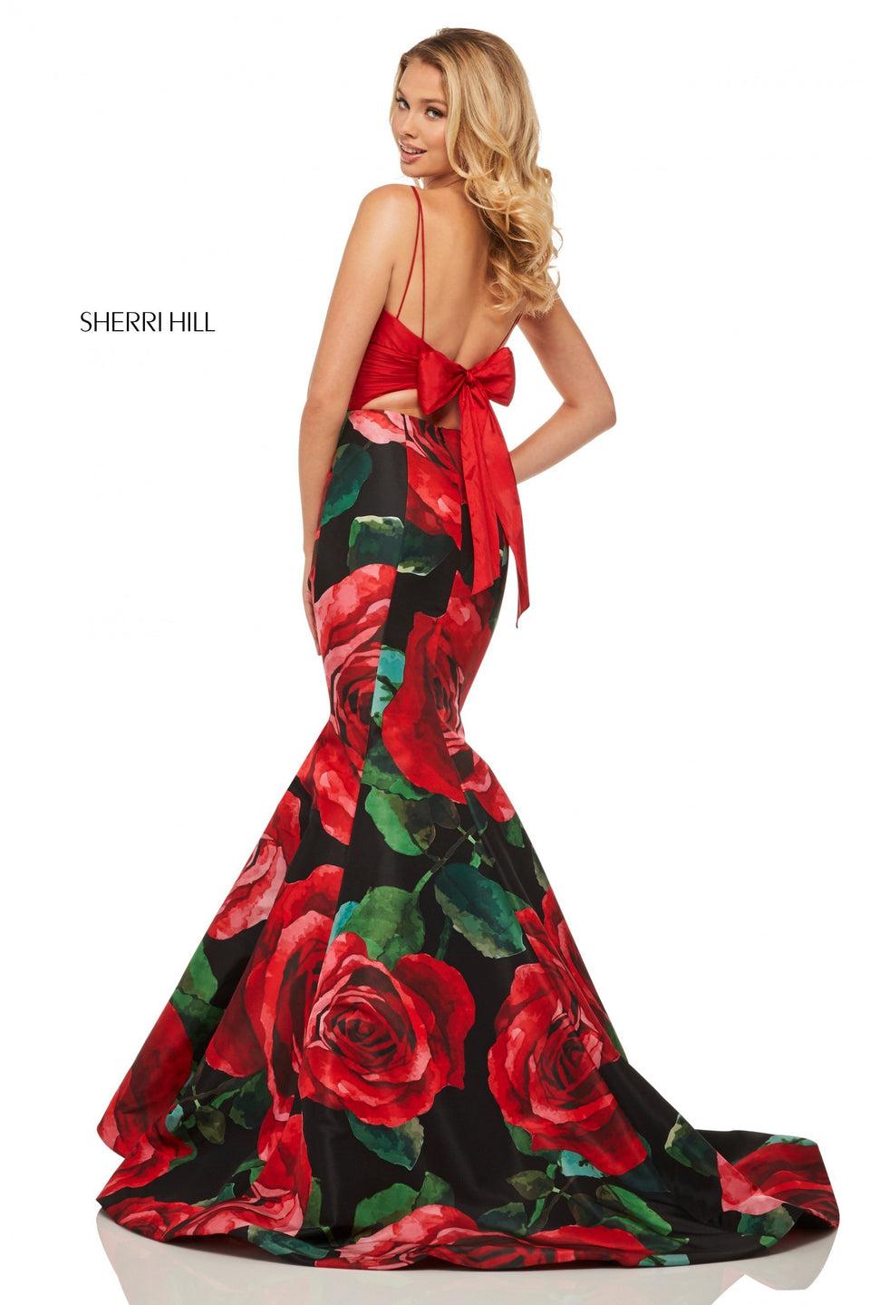 Sherri Hill Taffeta Mermaid Dress With Rose Print Skirt Ruched Bodice With Back Cut Out And Bow In The Back