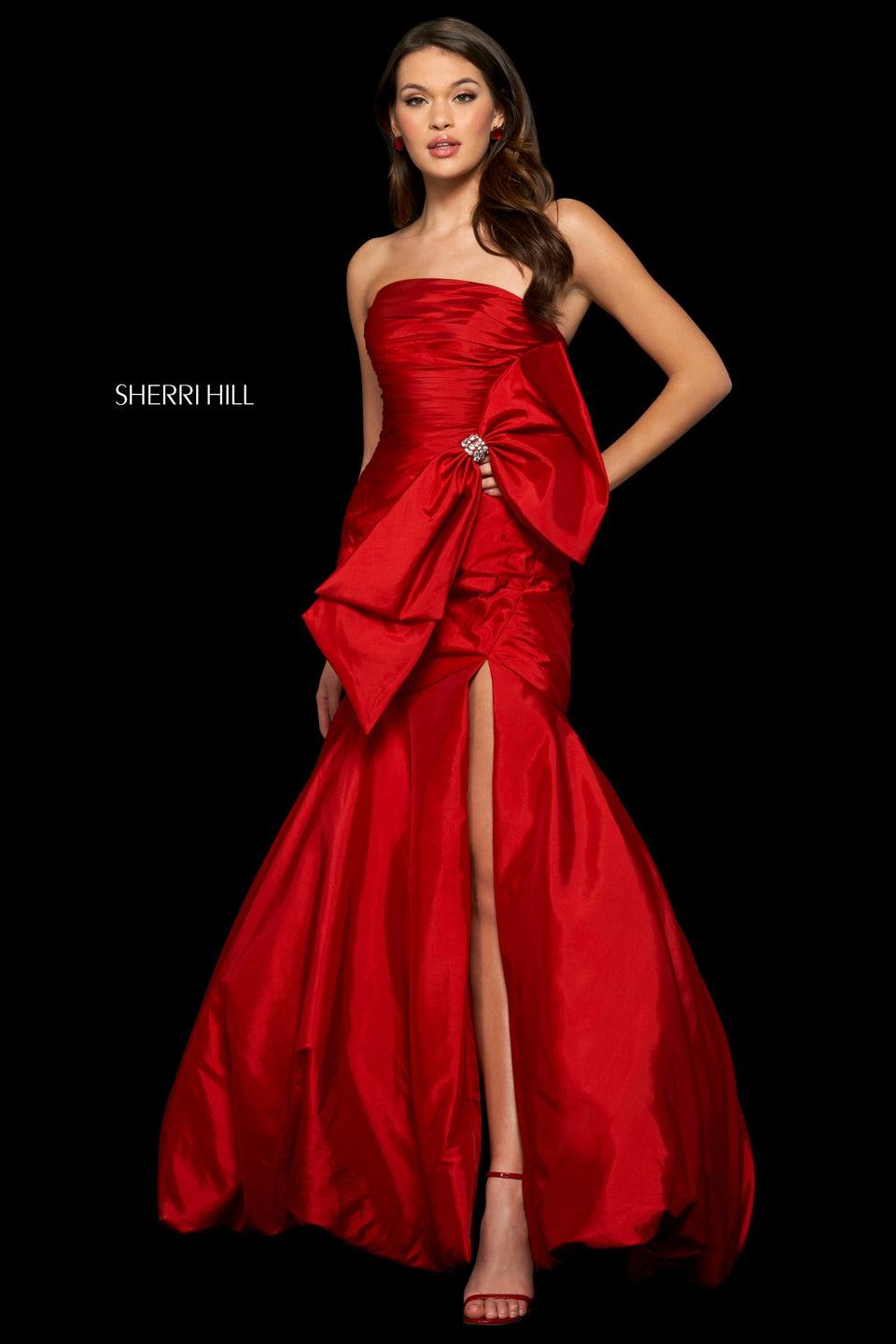 Sherri Hill Taffeta Mermaid Dress With Strapless Neckline Pleated Bodice And Large Embellished Bow On The Hip