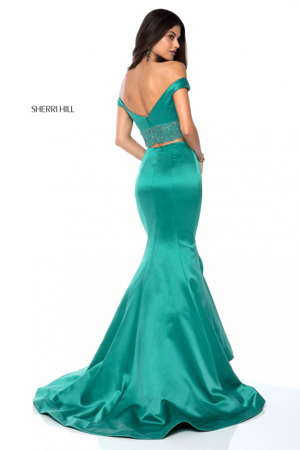 Sherri Hill Taffeta Mermaid Two Piece With Sweetheart Lace Appliqued Bodice And Off Shoulder Straps