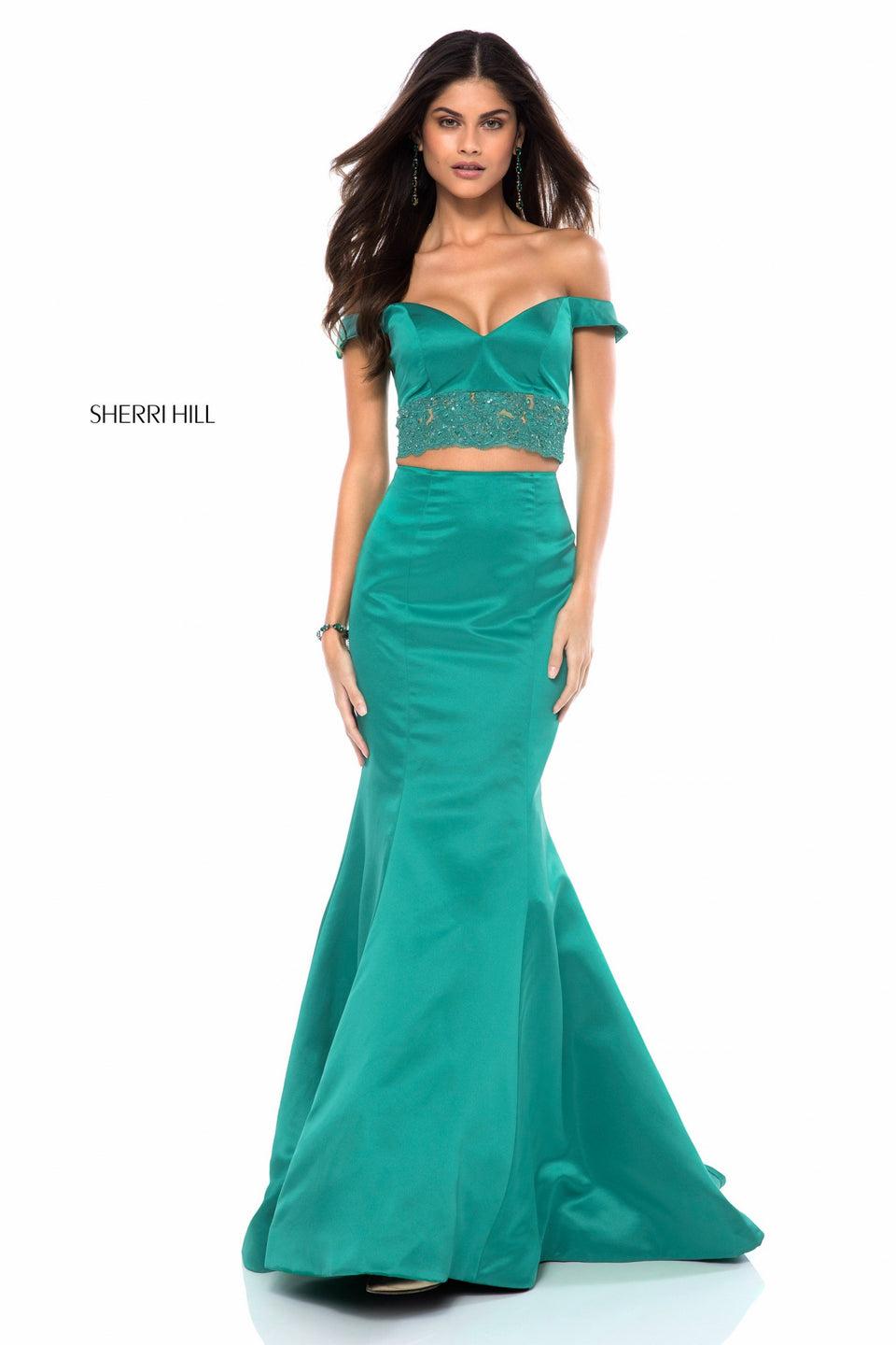sherri hill Taffeta mermaid two piece with sweetheart lace appliqued bodice and off shoulder straps
