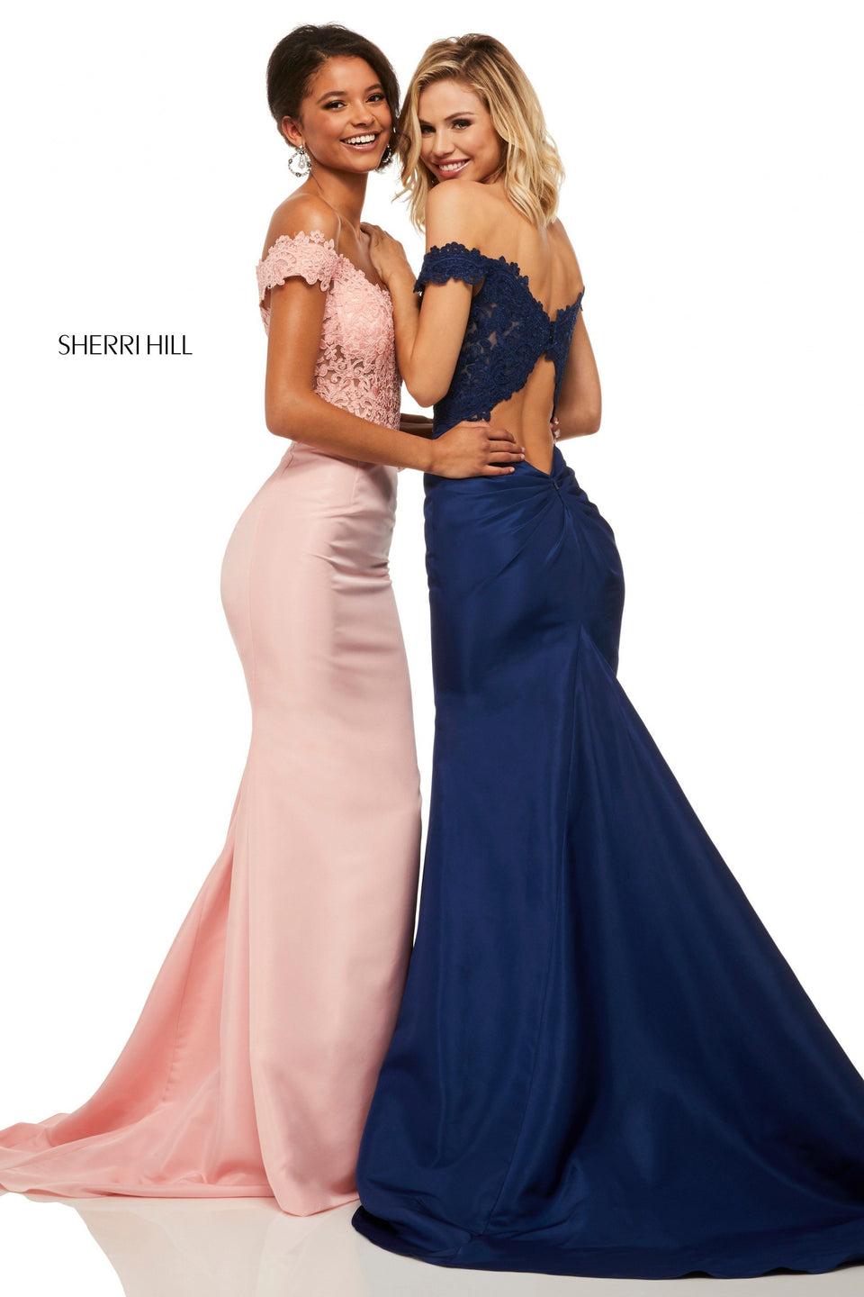 sherri hill Taffeta mermaid with lace off the shoulder bodice