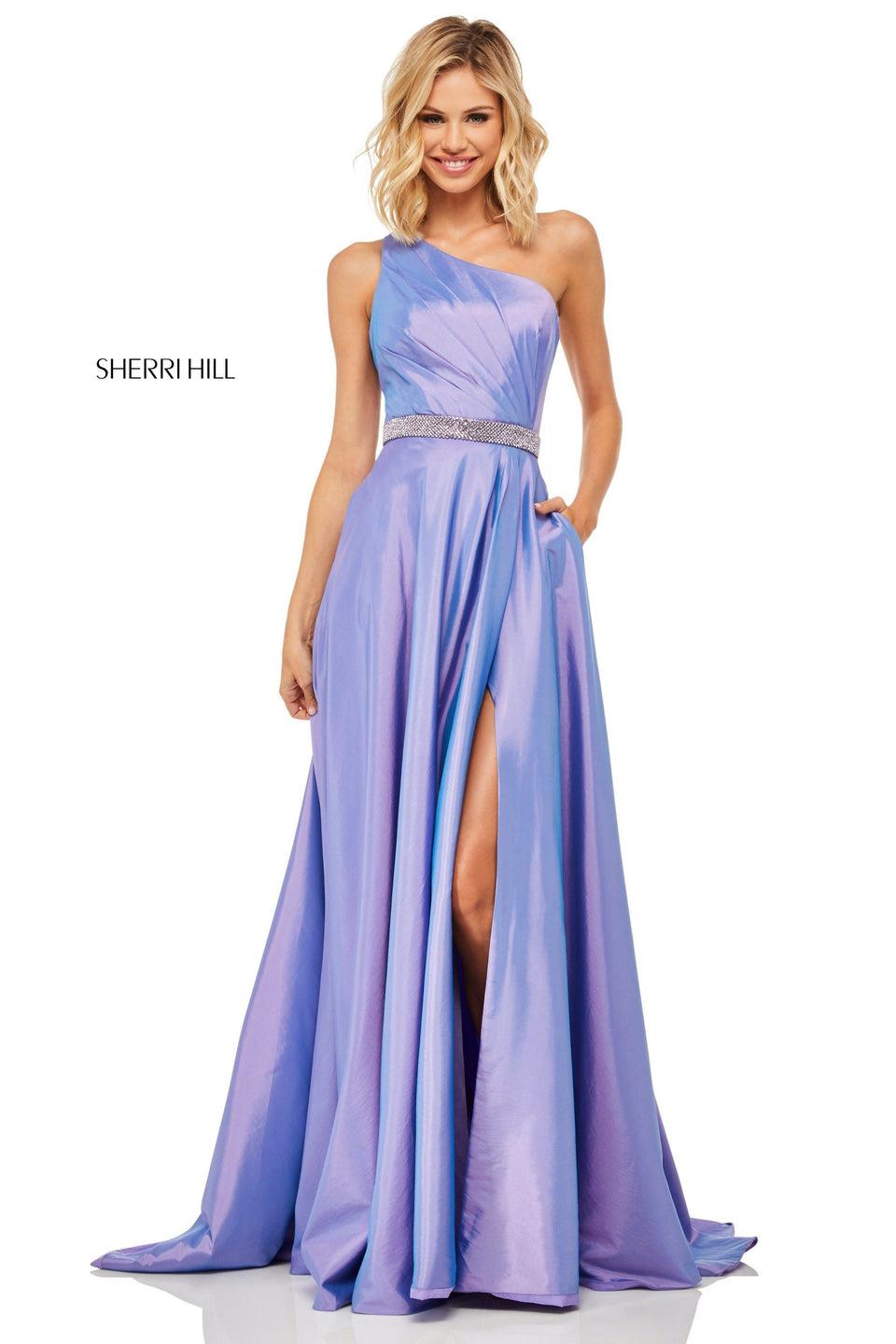 sherri hill Taffeta one-shoulder with a ruched bodice and beaded waistband