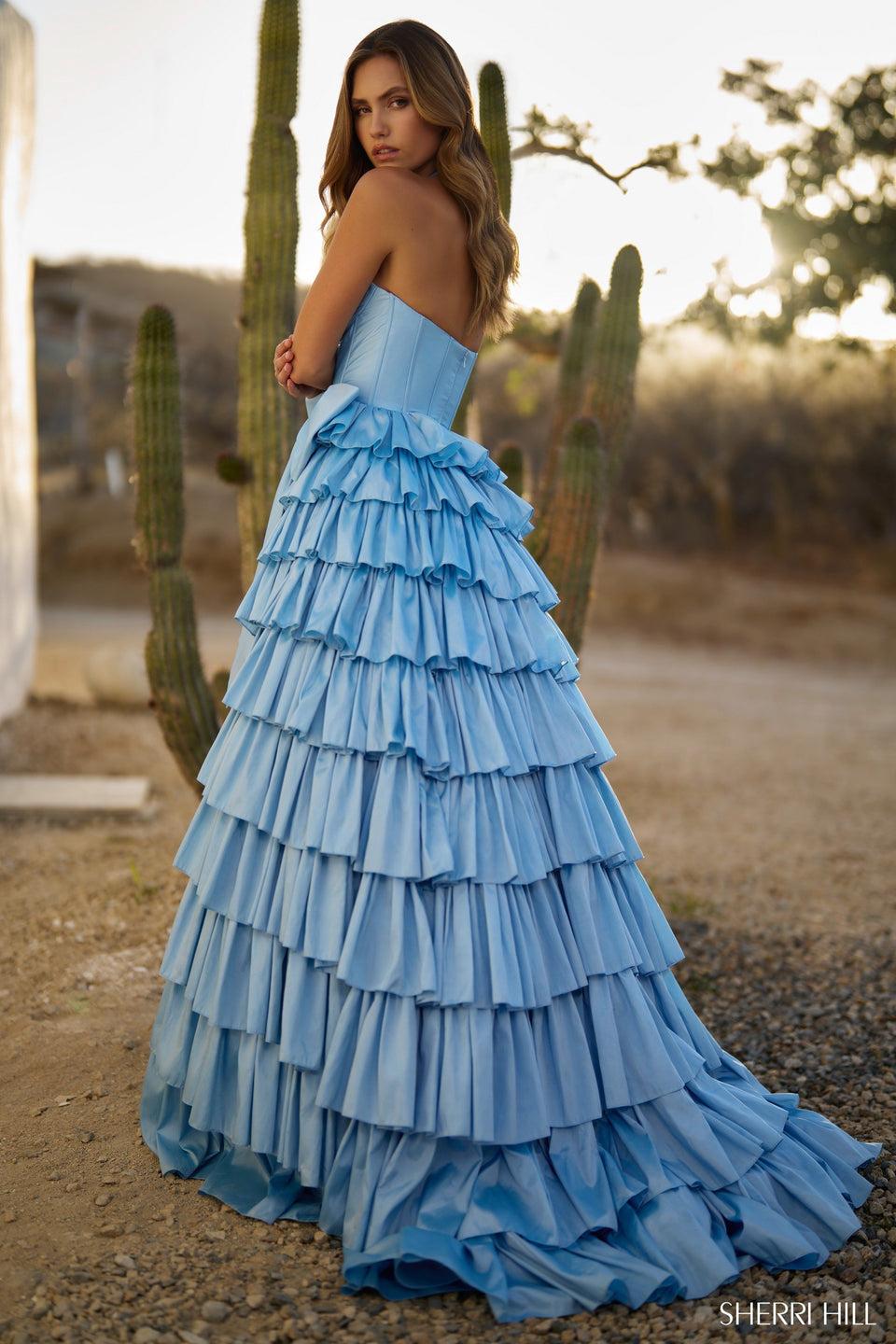 Sherri Hill Taffeta Ruffle Ballgown With A Halter Neckline Bow On Side Waist Followed By Skirt Slit