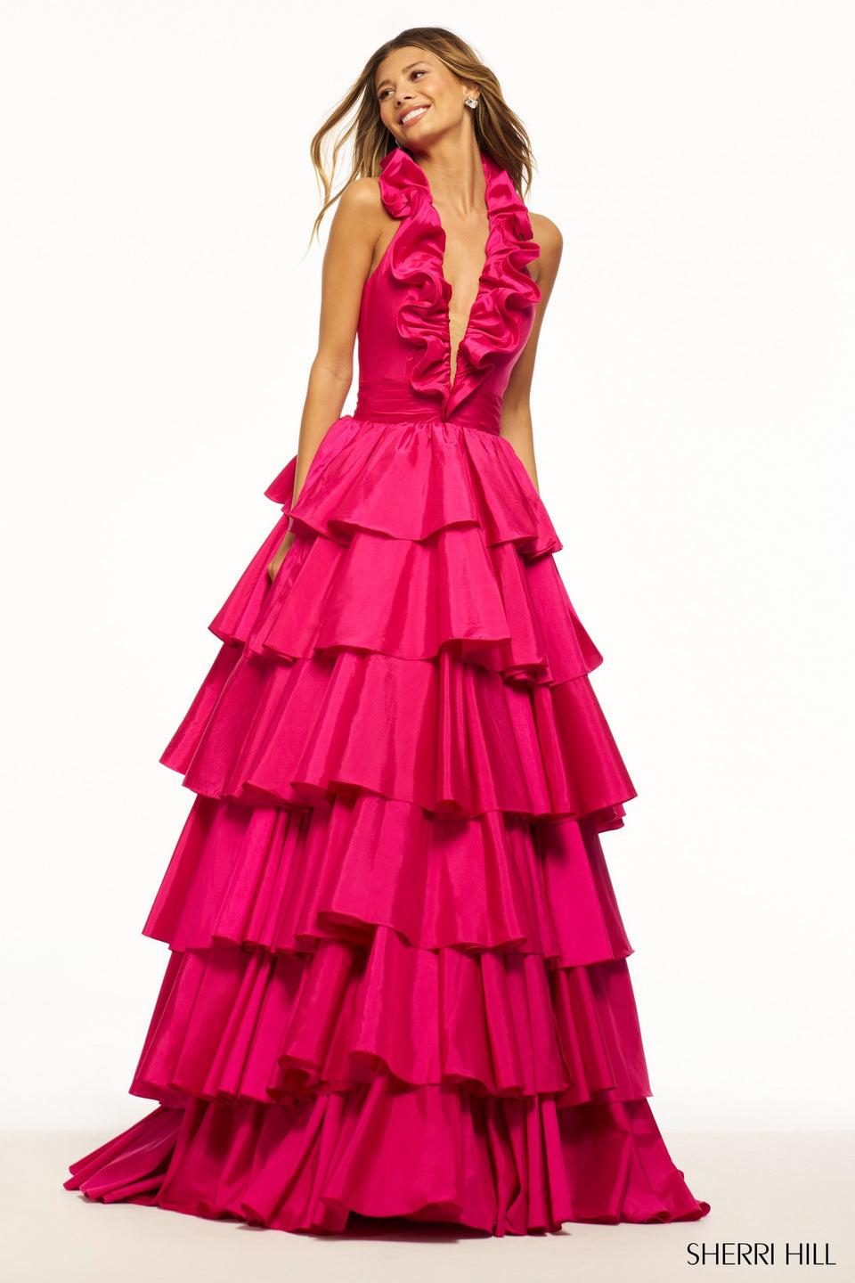 Sherri Hill Taffeta Ruffle Halter Ball Gown With A Deep V-Neckline And Skirt Slit