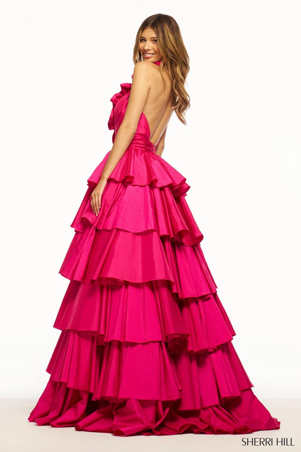 Sherri Hill Taffeta Ruffle Halter Ball Gown With A Deep V-Neckline And Skirt Slit