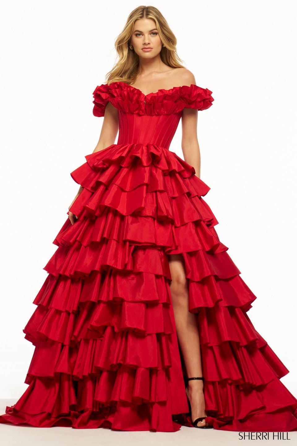 Sherri Hill Taffeta Ruffle Off The Shoulder Ball Gown With Corset Bodice Skirt Slit And Lace Up Back