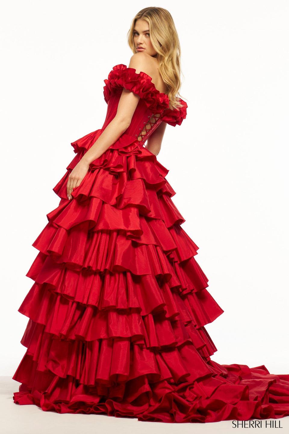 Sherri Hill Taffeta Ruffle Off The Shoulder Ball Gown With Corset Bodice Skirt Slit And Lace Up Back
