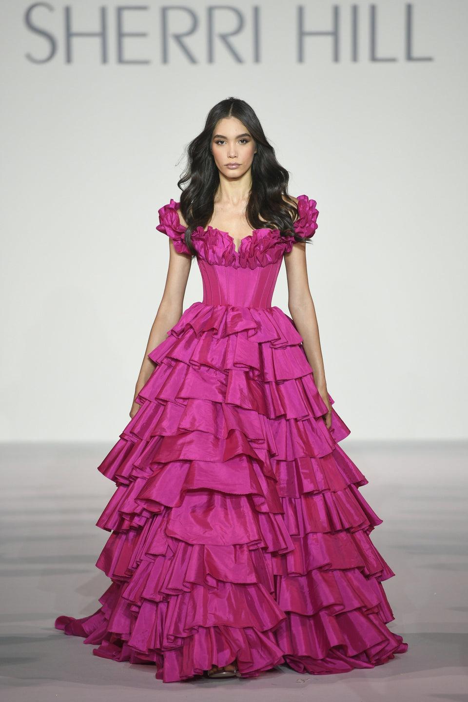 Sherri Hill Taffeta Ruffle Off The Shoulder Ball Gown With Corset Bodice Skirt Slit And Lace Up Back
