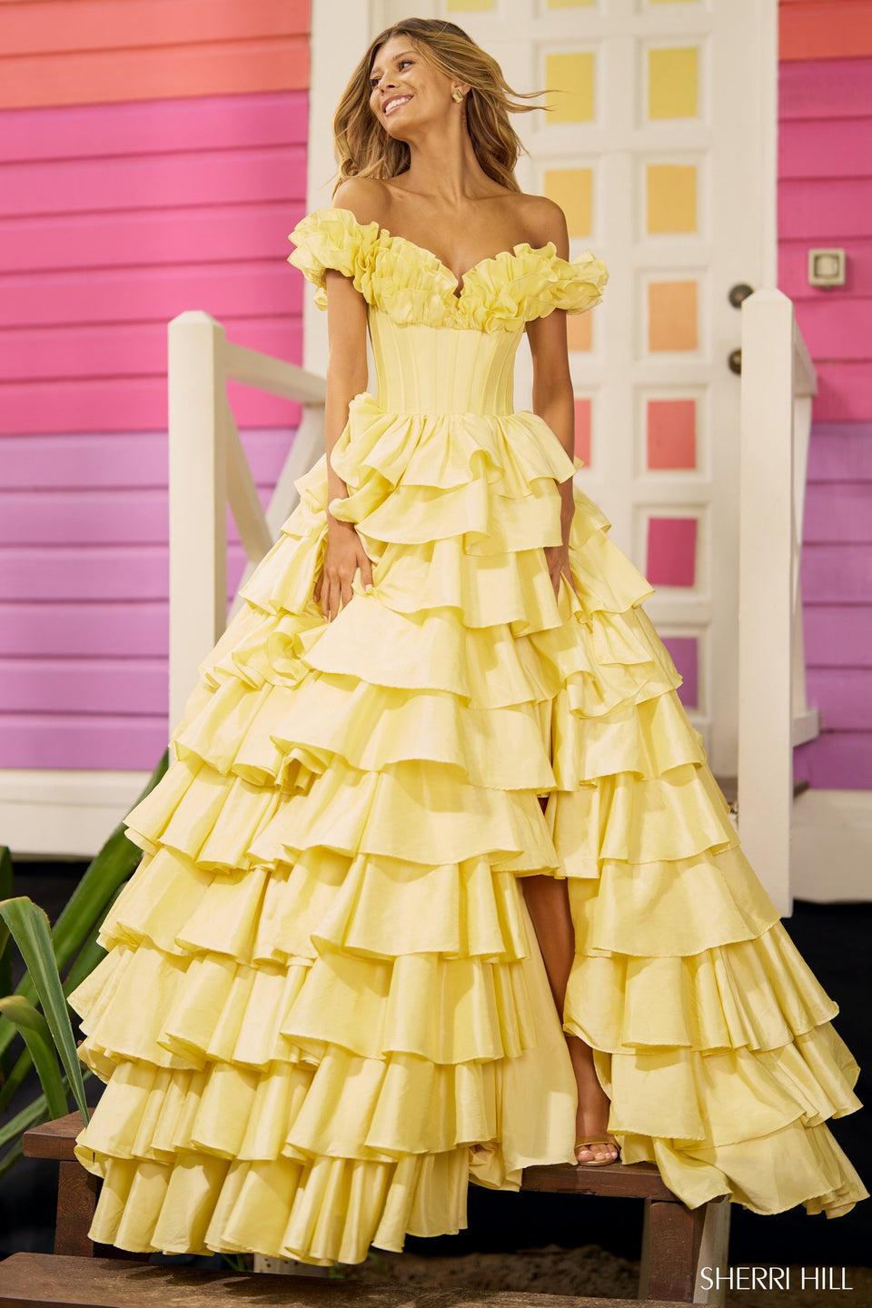 sherri hill Taffeta ruffle off the shoulder ball gown with corset bodice skirt slit and lace up back