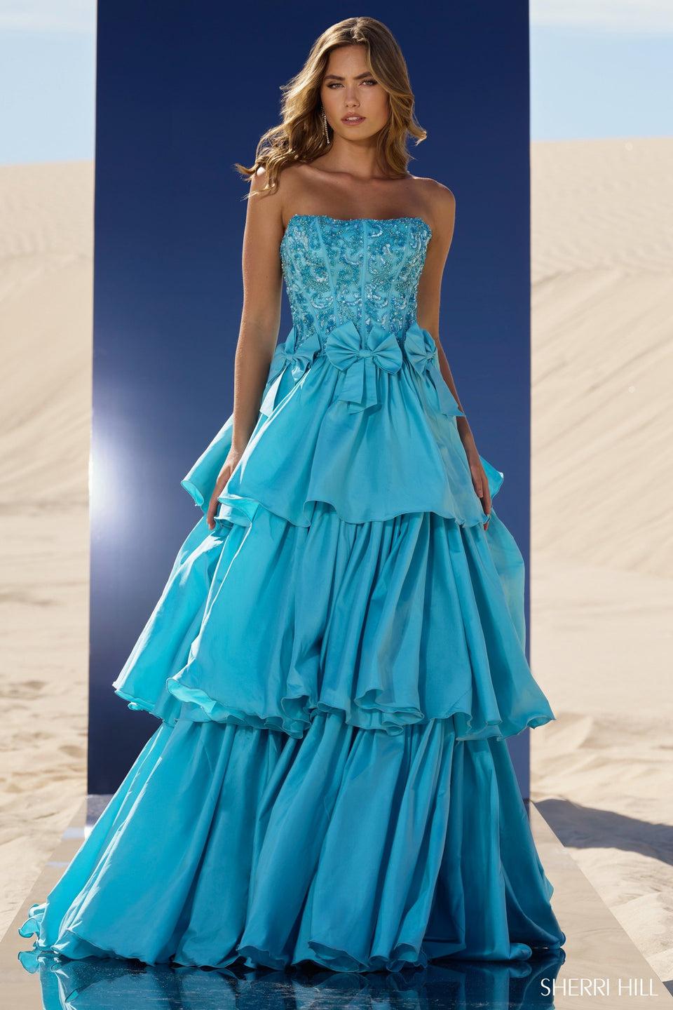 Sherri Hill Taffeta Tiered Ruffle Ball Gown With Strapless Beaded Bodice And Waistline Bows
