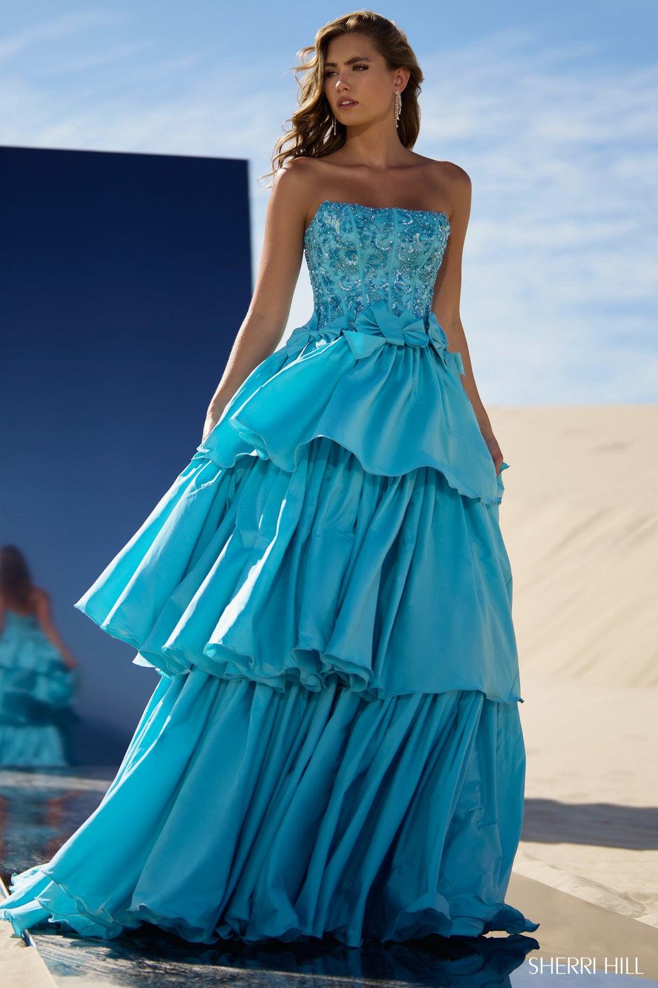 Sherri Hill Taffeta Tiered Ruffle Ball Gown With Strapless Beaded Bodice And Waistline Bows