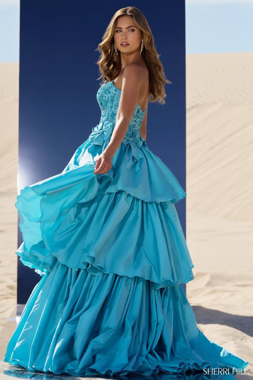 Sherri Hill Taffeta Tiered Ruffle Ball Gown With Strapless Beaded Bodice And Waistline Bows