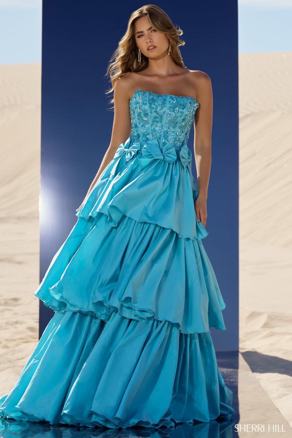 sherri hill Taffeta tiered ruffle ball gown with strapless beaded bodice and waistline bows