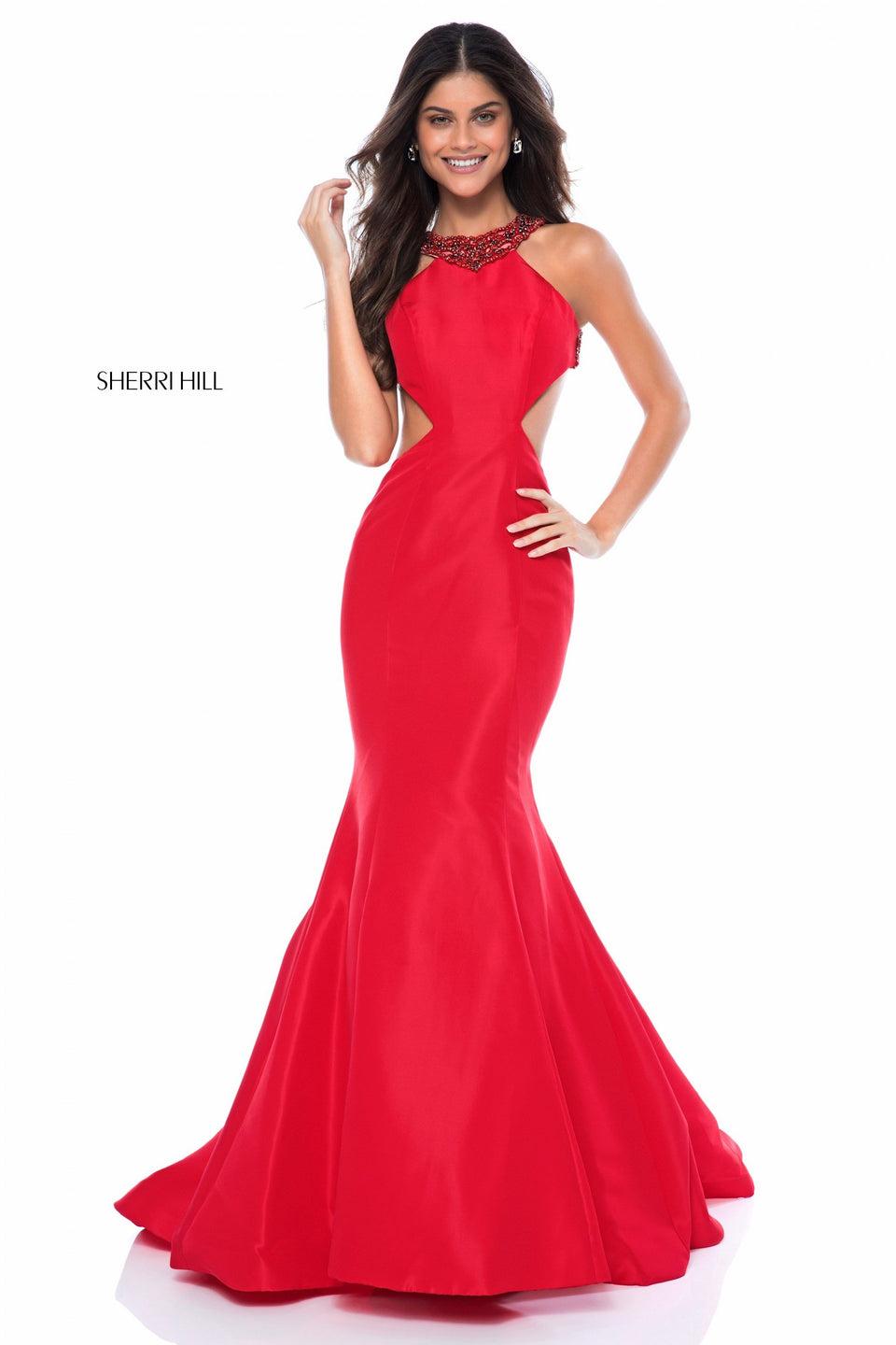 sherri hill Taffeta trumpet gown with side cut outs and beaded neckline