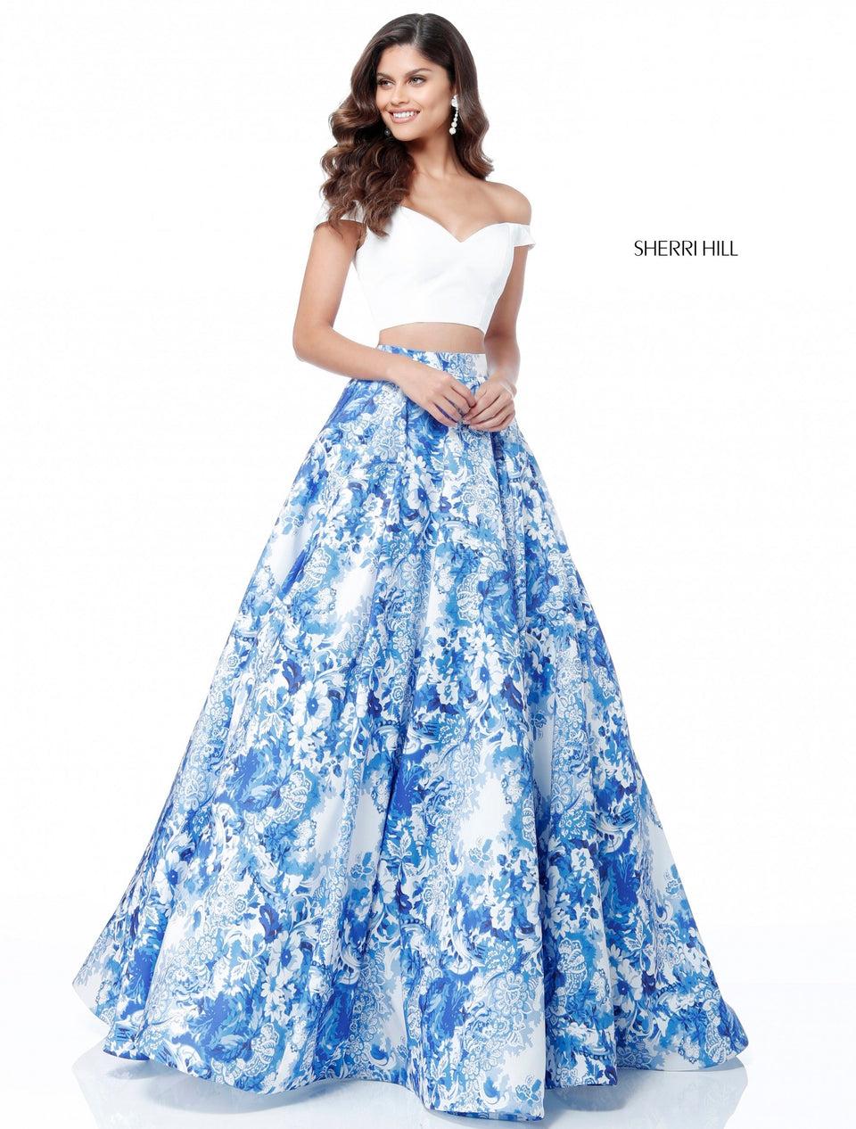 Sherri Hill Taffeta Two Piece Blue Ivory Print Ball Gown With Sweetheart Bodice And Off-the-shoulder Straps
