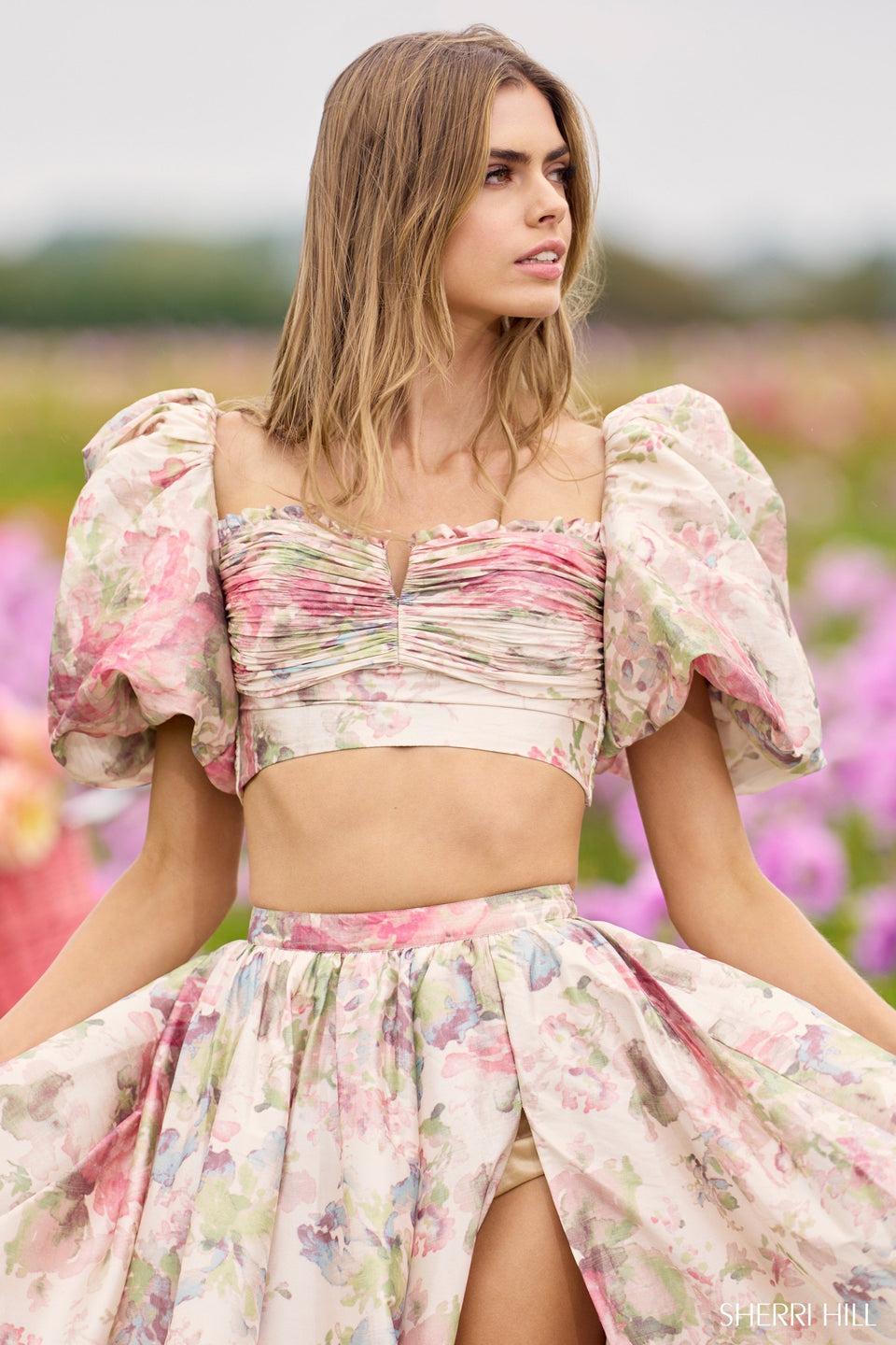 Sherri Hill Taffeta Two-piece Floral Gown With Balloon Sleeves