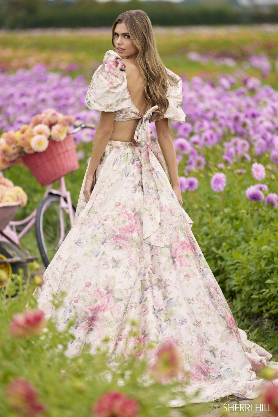 sherri hill Taffeta two-piece floral gown with balloon sleeves