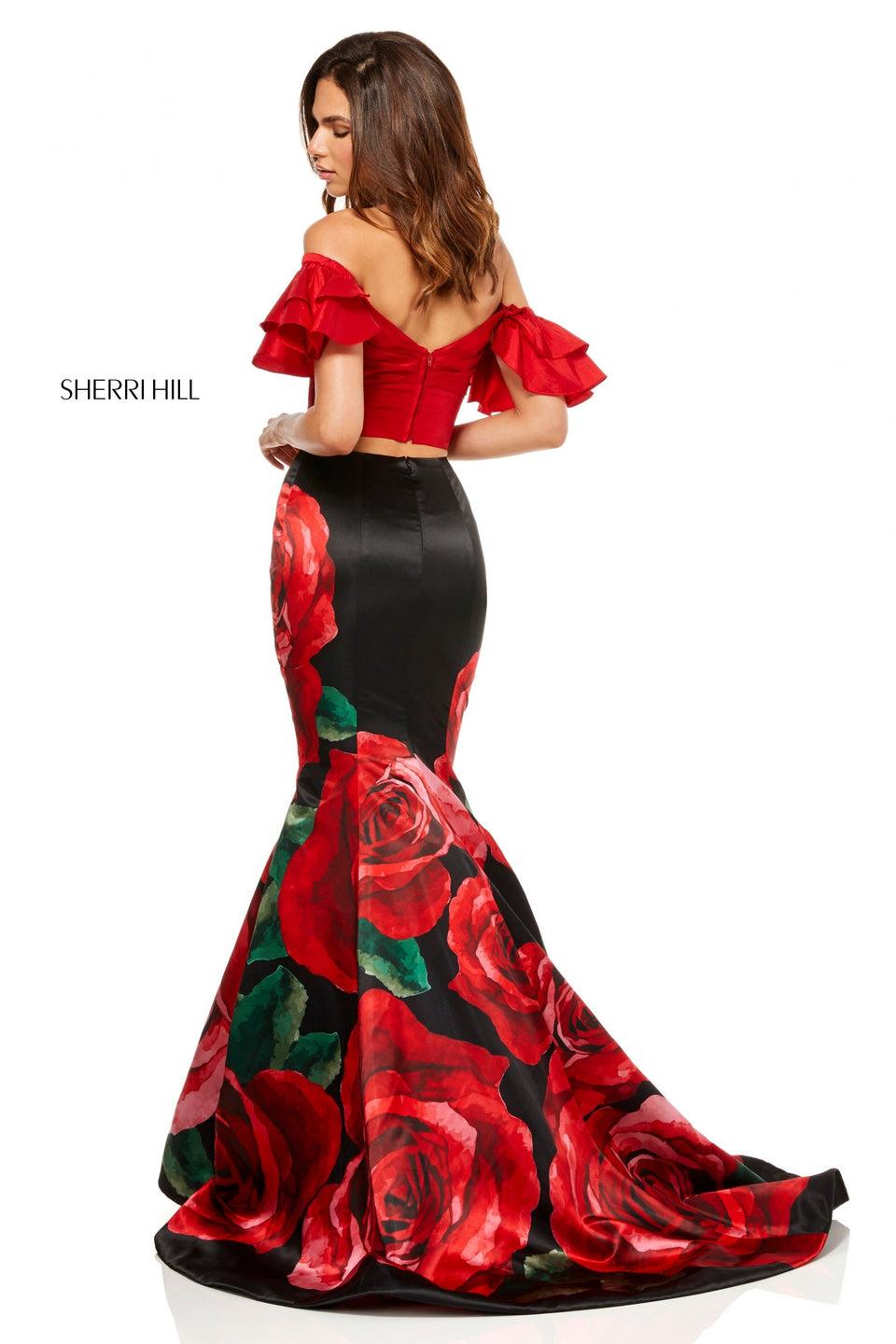 Sherri Hill Taffeta Two-piece Gown With Rose Printed Skirt And Ruffle Off The Shoulder Sweetheart Top