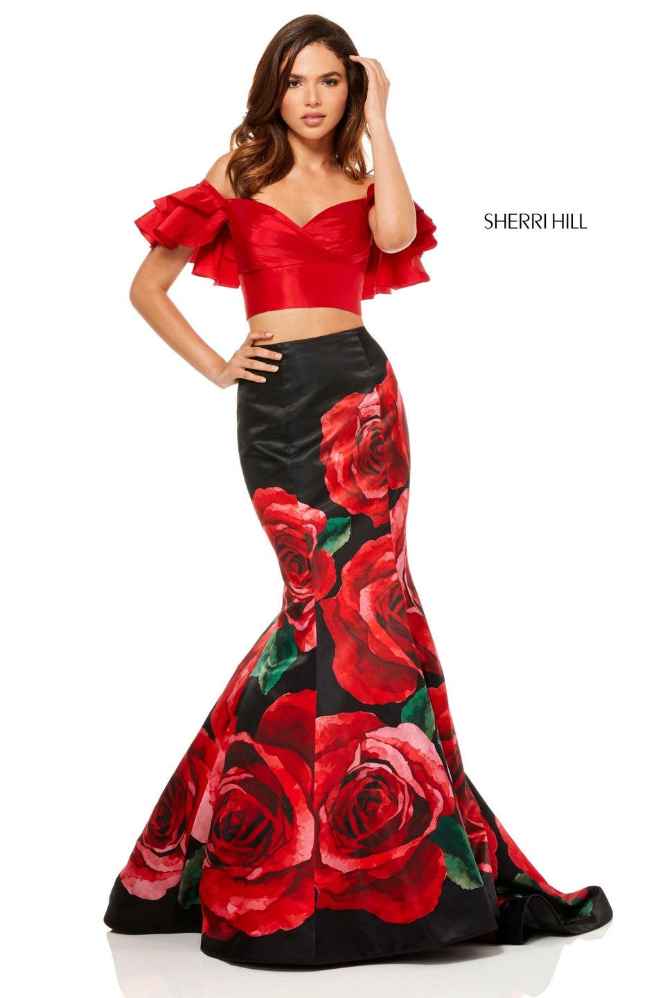 sherri hill Taffeta Two-piece gown with rose printed skirt and ruffle off the shoulder sweetheart top
