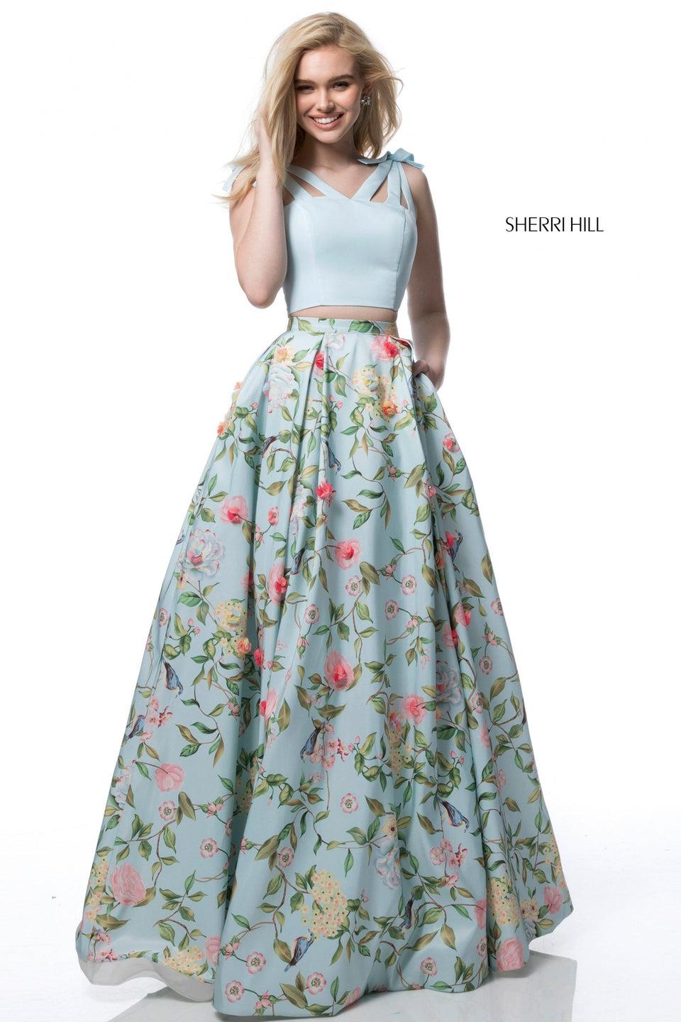 Sherri Hill Taffeta Two Piece With Floral Print Ball Gown Skirt And Solid Color Bodice With Bows On Shoulders