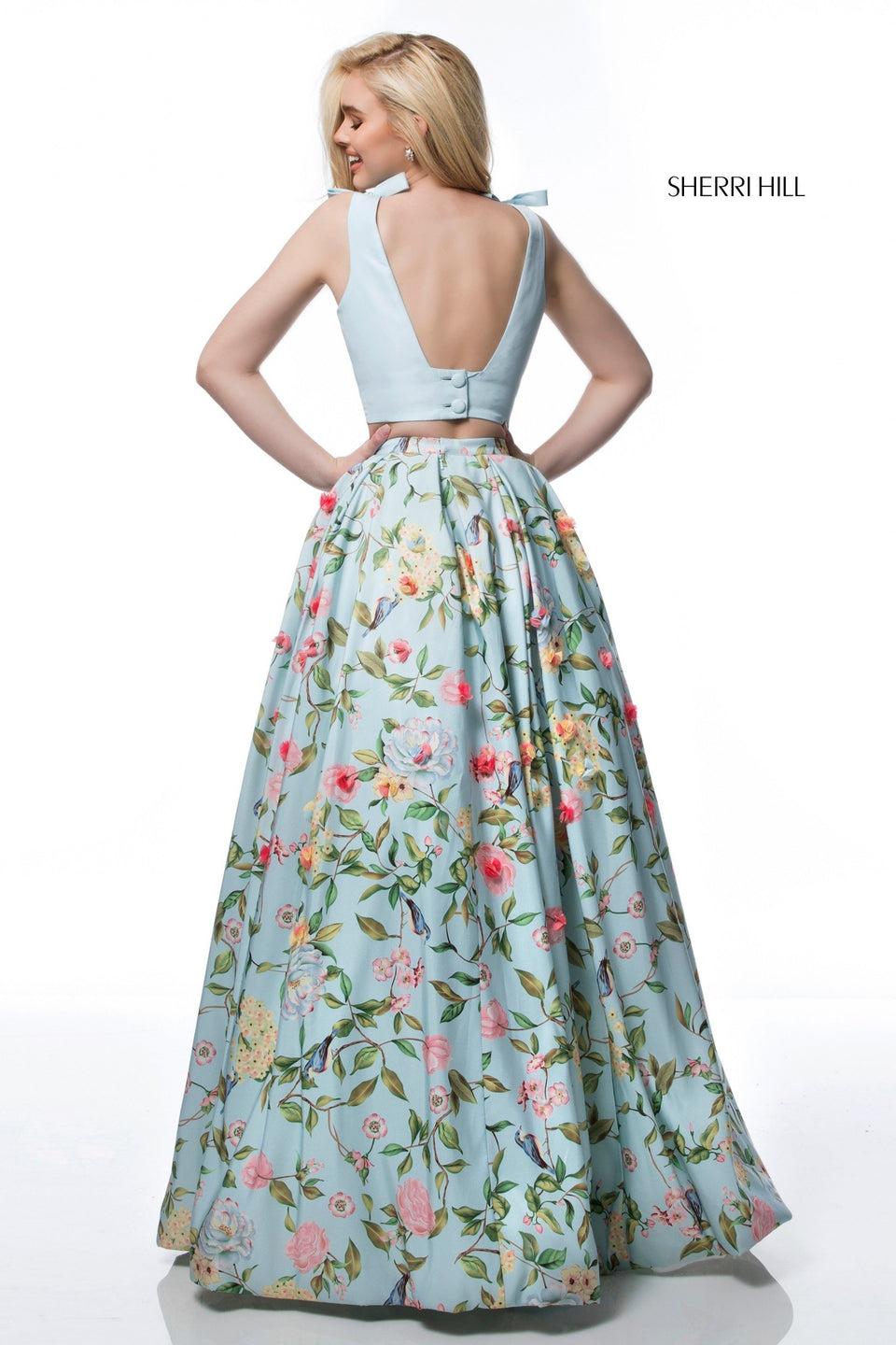 Sherri Hill Taffeta Two Piece With Floral Print Ball Gown Skirt And Solid Color Bodice With Bows On Shoulders
