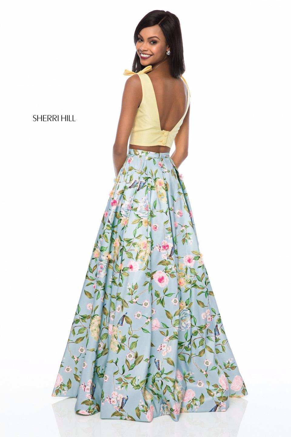 Sherri Hill Taffeta Two Piece With Floral Print Ball Gown Skirt And Solid Color Bodice With Bows On Shoulders