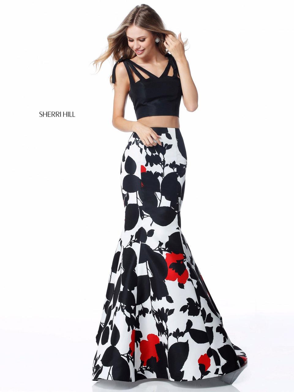 Sherri Hill Taffeta Two Piece With Solid Color Bodice And Floral Print Mermaid Skirt