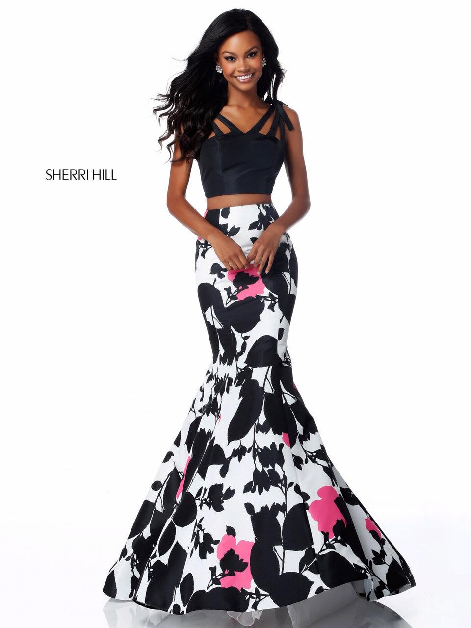 sherri hill Taffeta two piece with solid color bodice and floral print mermaid skirt