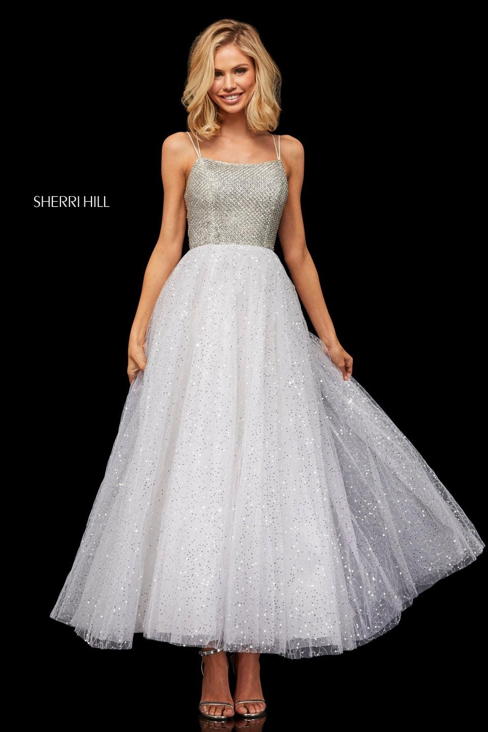 Sherri Hill Tea Length A-line With Sequin Tulle Skirt And Jewel Encrusted Bodice With Lace Up Back