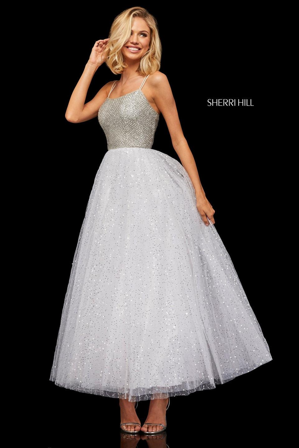 sherri hill Tea length A-line with sequin tulle skirt and jewel encrusted bodice with lace up back