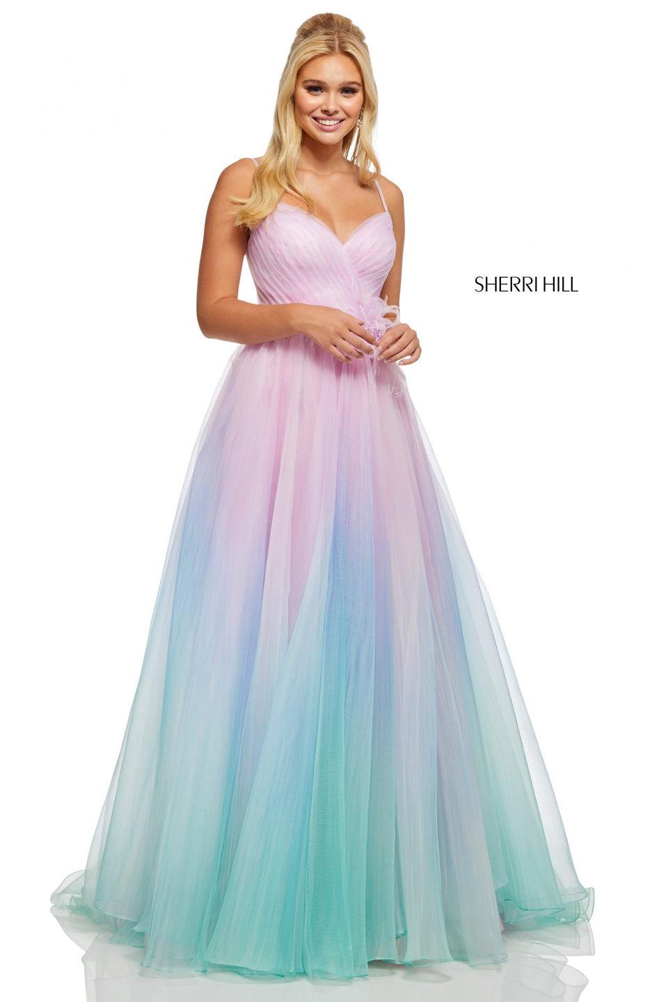 sherri hill Textured ombre organza ball gown with ruched bodice and flower at waist