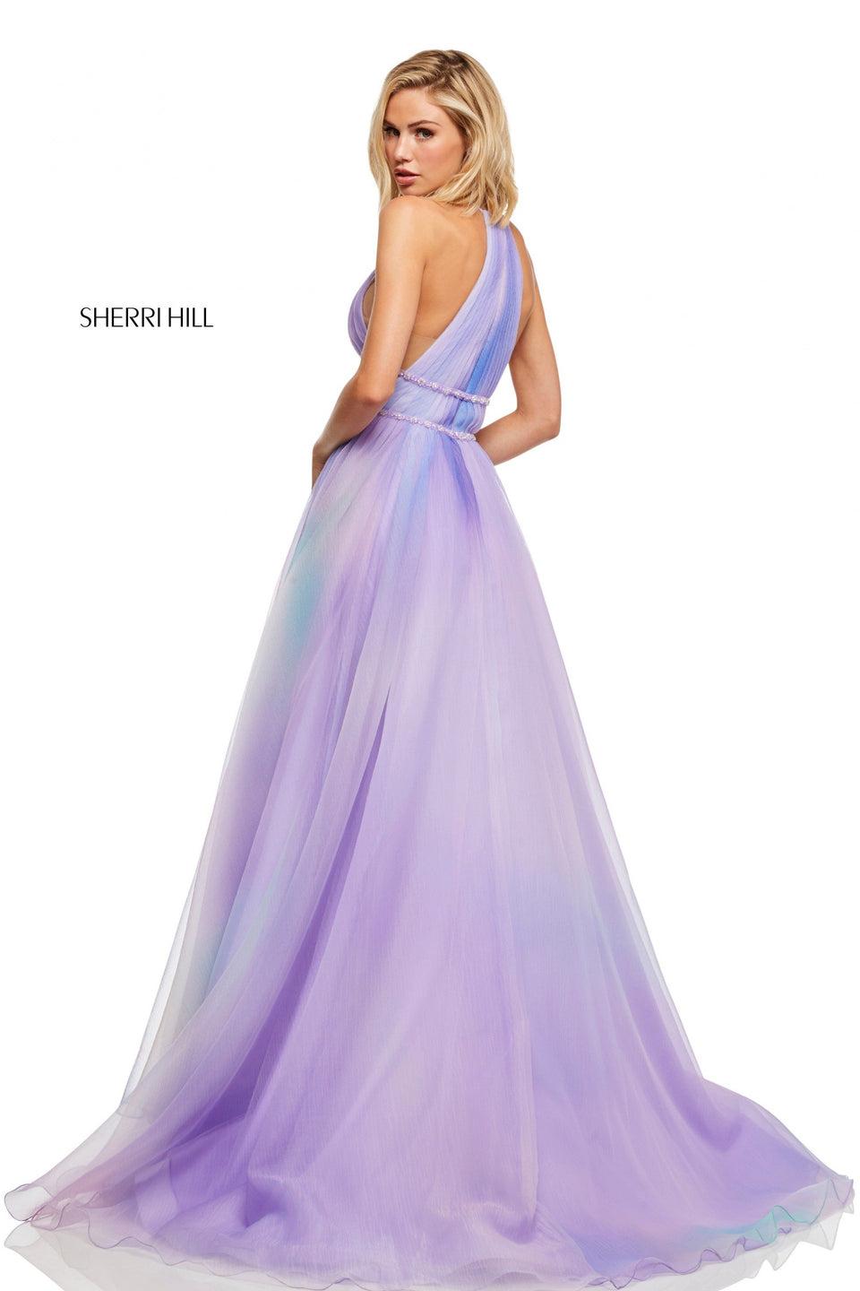 Sherri Hill Textured Ombre Organza Ball Gown With Ruched High Neck Bodice And Sheer Sides
