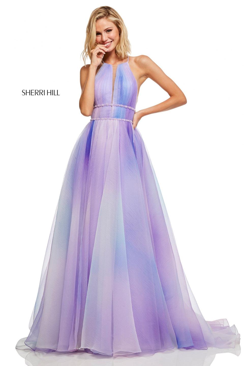 Sherri Hill Textured Ombre Organza Ball Gown With Ruched High Neck Bodice And Sheer Sides