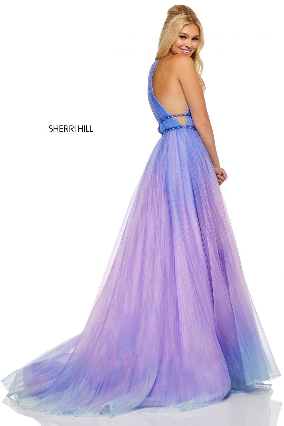Sherri Hill Textured Ombre Organza Ball Gown With Ruched High Neck Bodice And Sheer Sides