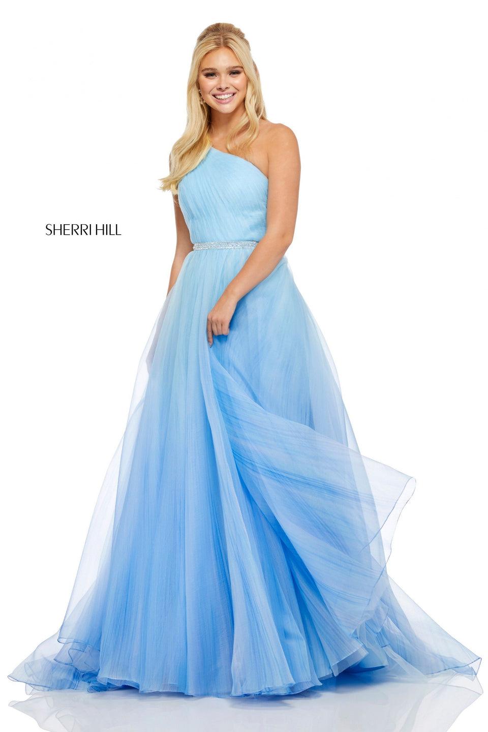 sherri hill Textured ombre organza ball gown with ruched one-shoulder bodice