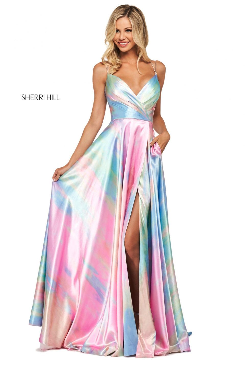 sherri hill Tie-dye print charmeuse gown with V neck wrap bodice skirt slit pockets and spaghetti straps