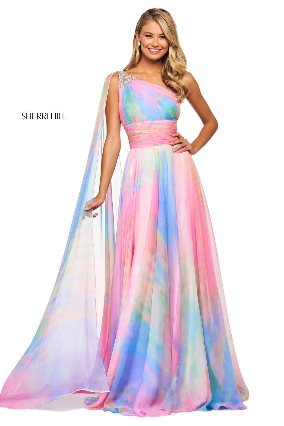 sherri hill Tie dye print chiffon gown with ruched one shoulder neckline and waistband with embellished shoulder detailing and chiffon train