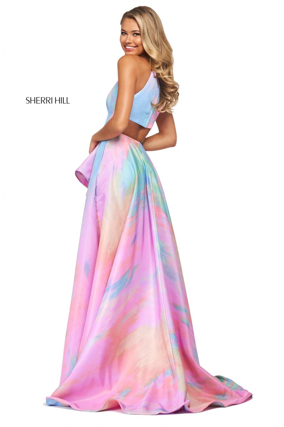 Sherri Hill Tie-dye Print Mikado A-line Dress With Ruffled Skirt Slit And High Cut Halter Style Neckline With Back Cut Out