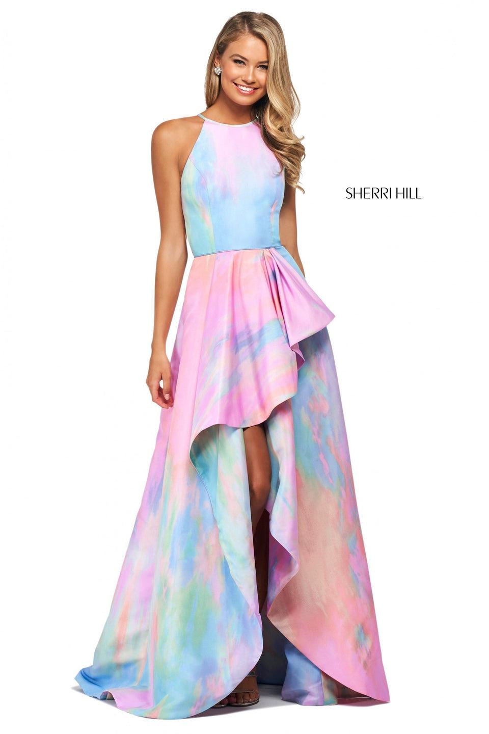 sherri hill Tie-dye print mikado A-line dress with ruffled skirt slit and high cut halter style neckline with back cut out