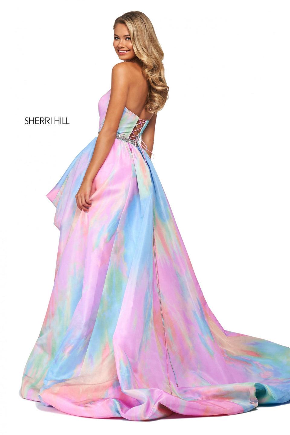 Sherri Hill Tie-dye Print Taffeta High-low Bubble Skirt Ball Gown With Strapless Neckline Corset Style Lace Up Back And Beaded Belt