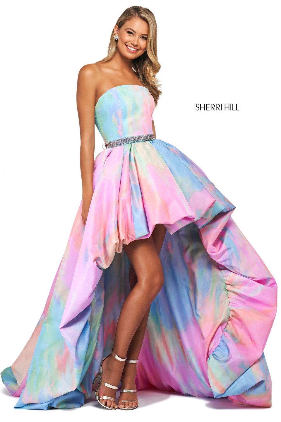 sherri hill Tie-dye print taffeta high-low bubble skirt ball gown with strapless neckline corset style lace up back and beaded belt
