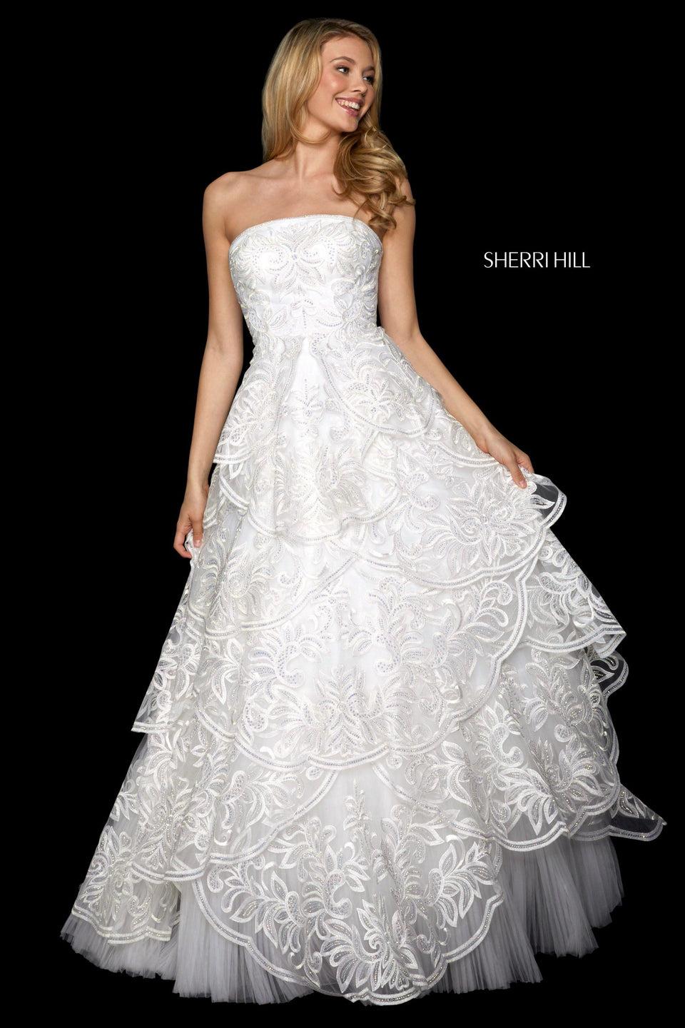 sherri hill Tiered beaded lace and tulle ball gown with strapless neckline