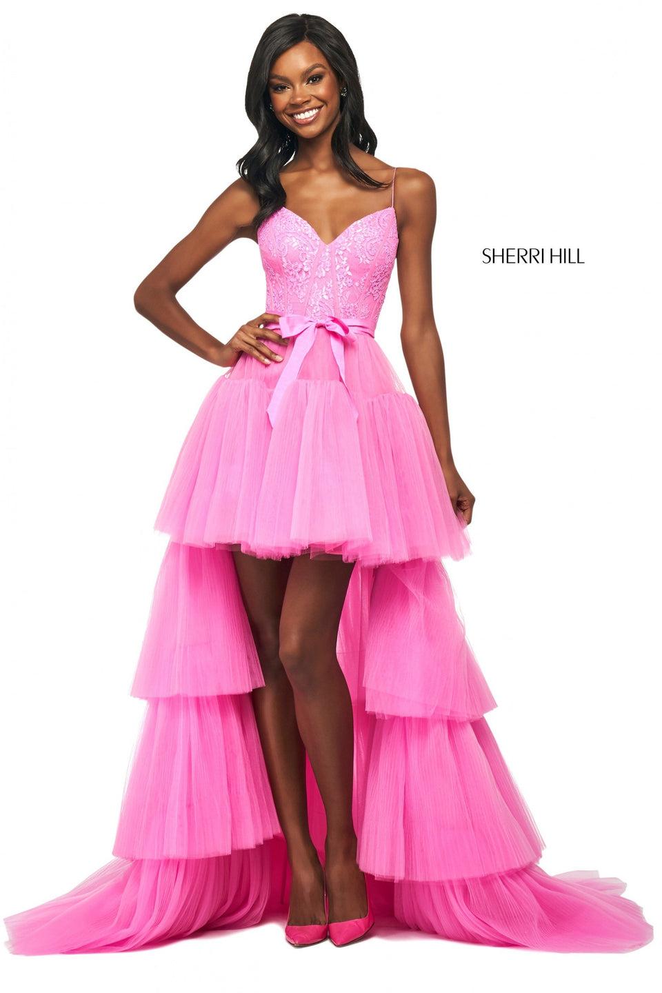 Sherri Hill Tiered Tulle High-low Dress With Lace Sweetheart Neckline Bodice And Satin Bow Waistband