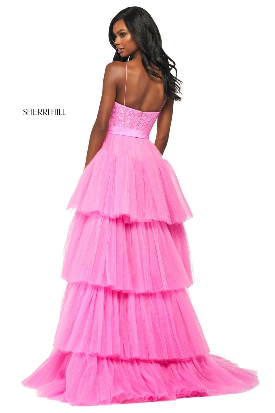 Sherri Hill Tiered Tulle High-low Dress With Lace Sweetheart Neckline Bodice And Satin Bow Waistband