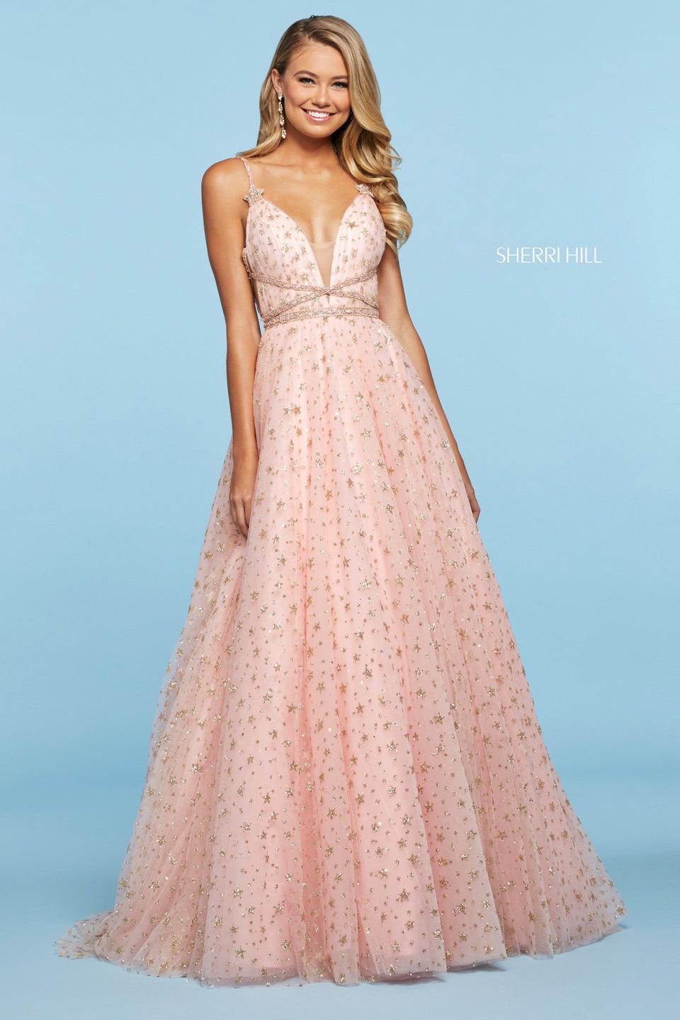 sherri hill Tulle A-line dress with glitter stars deep V neckline beaded criss cross belt and star appliques on straps