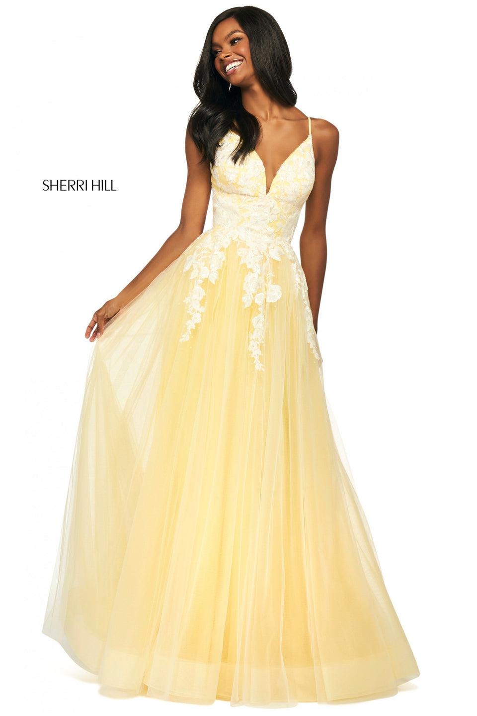 Sherri Hill Tulle A-line Dress With Lace Bodice With Deep Sweetheart Neckline And Corset Style Lace Up Back
