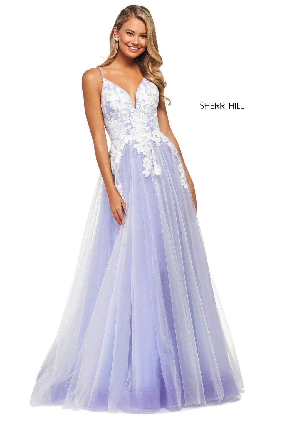 sherri hill Tulle A-line dress with lace bodice with deep sweetheart neckline and corset style lace up back