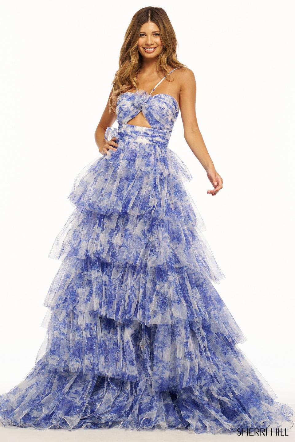 Sherri Hill Tulle A-line Floral Gown With Keyhole Bodice And A Ruffle Skirt