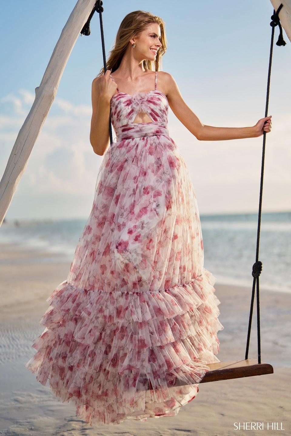 Sherri Hill Tulle A-line Floral Gown With Keyhole Rosette Embellishment And A Tiered Ruffle Skirt Hem